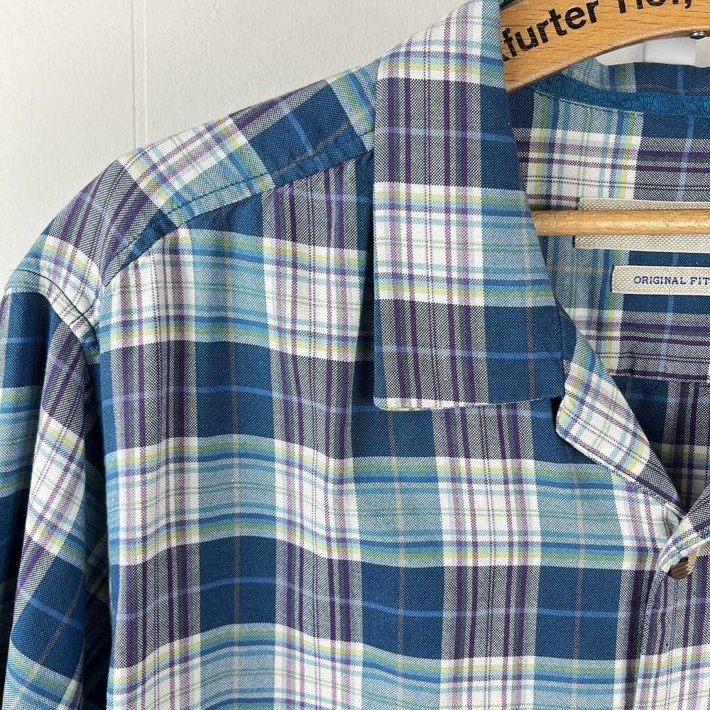 Tommy Bahama Shirt Mens XL Teal Purple‎ Plaid 100% Silk Short Sleeve Loop Collar